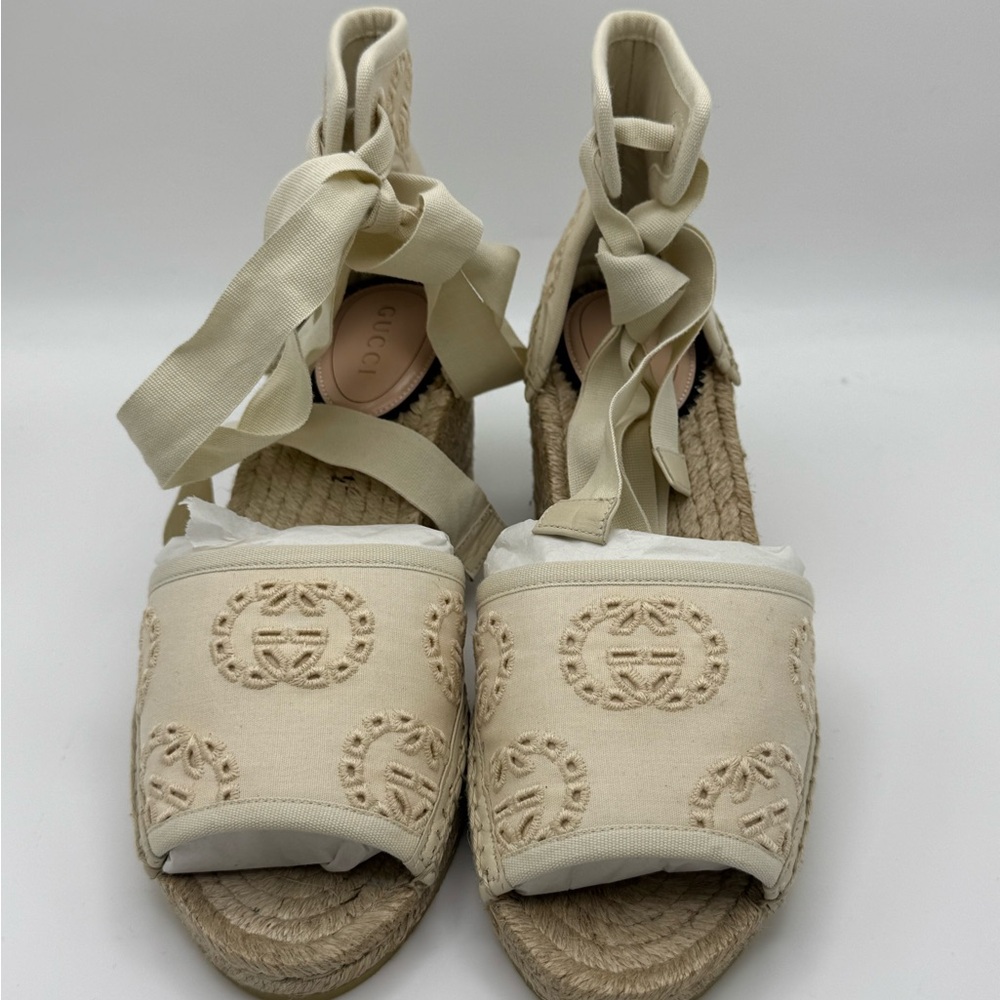 Gucci Interlocking G Platform Espadrilles in Ivory Canvas Ribbon Tie 36